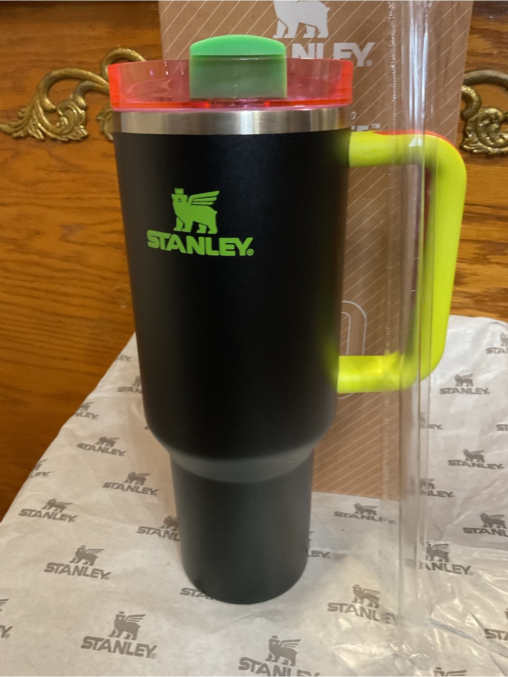 Last one in stock Stanley Black Travel Tumbler with Neon colorway Handle and Lid
